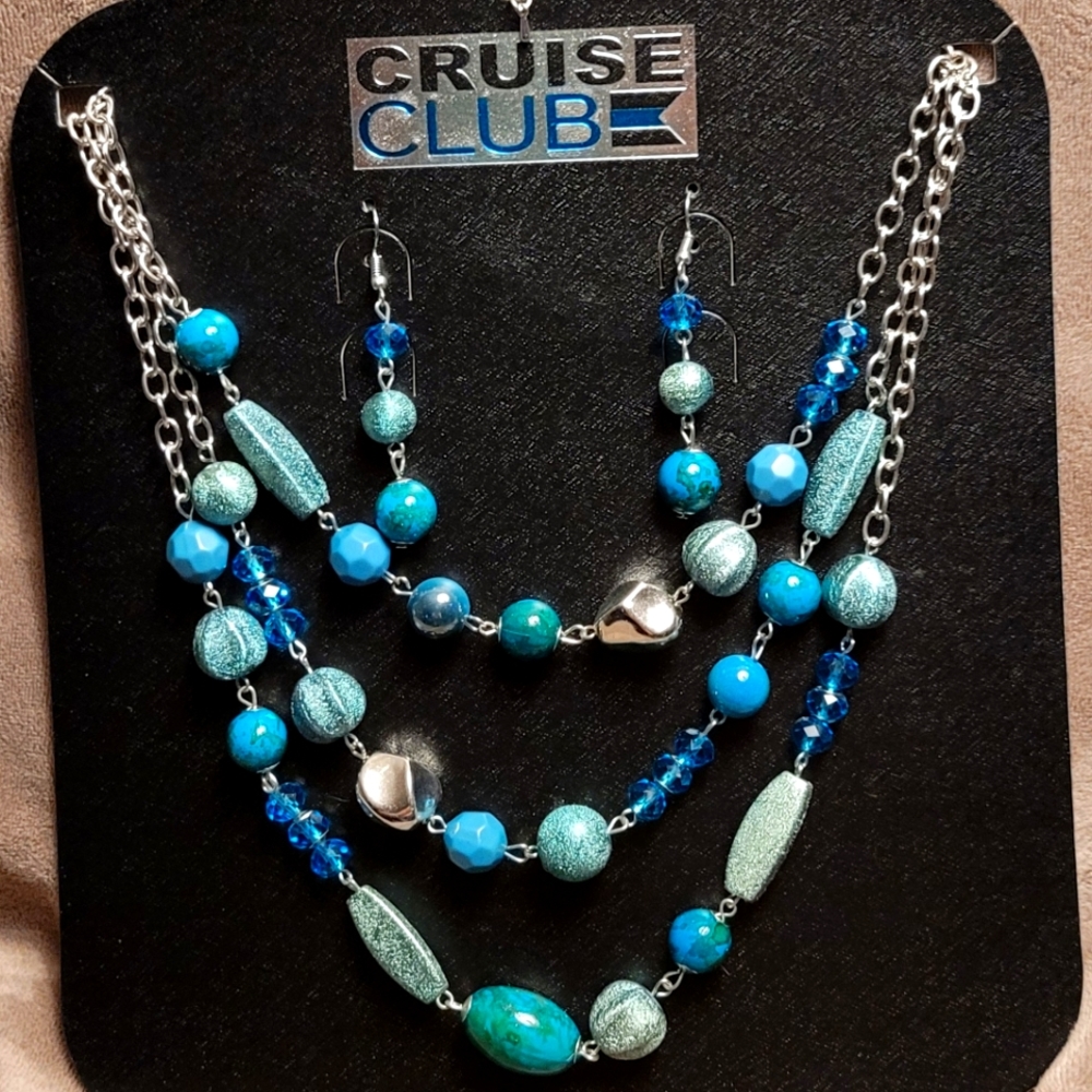 Teal Turqouise Beaded Earrings & Necklace 3 strands